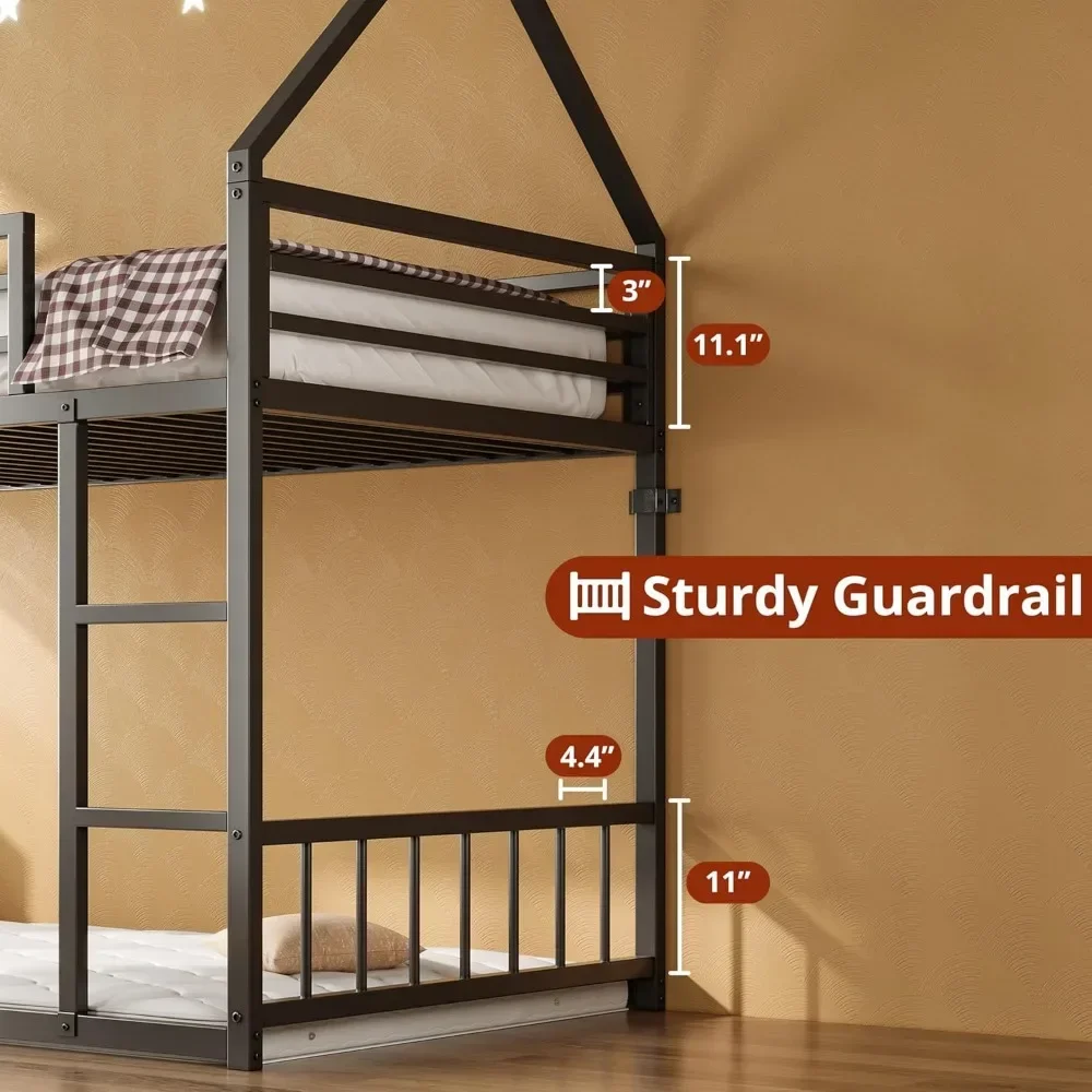 Bunk Beds Twin Over Twin, House Bunk Bed Frame with Ladder and Guardrail, House Shaped with Metal Slats Bunk Beds for Kids 3