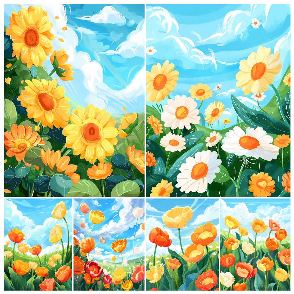 

Hand Paint Yellow Sunflower And Chrysanthemum Landscape Acrylic Painting by Numbers Kit DIY Acrylic Artwork Canvas Art Gift Home