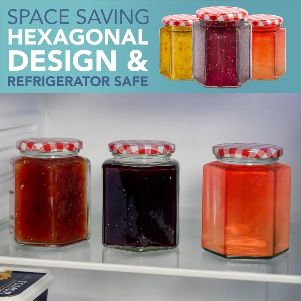 Transparent Hexagonal Glass Bottle Seal Storage Jar Small Glass Jars with Red Gingham Lids Airtight Pickle Jars Jam Jars H 5