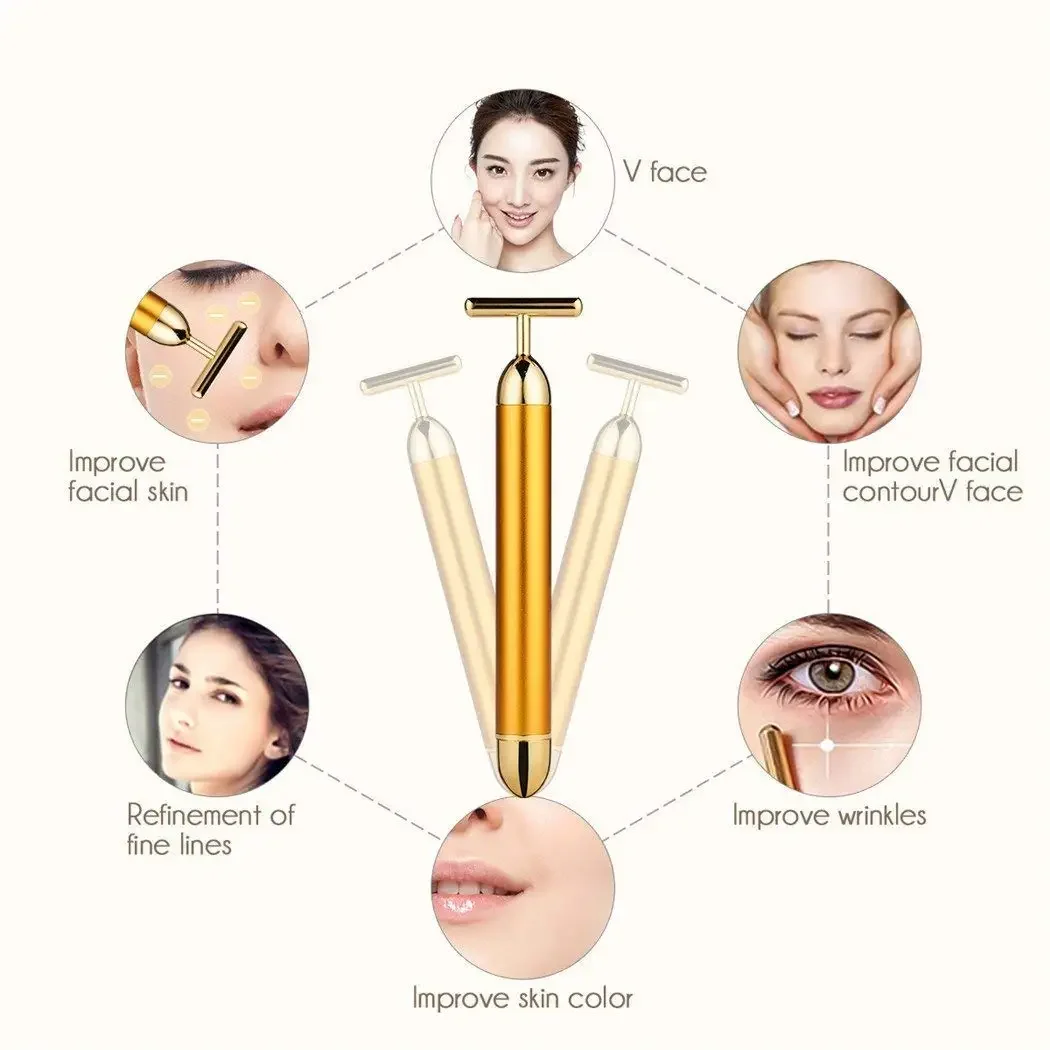 24k Gold Face Lift Bar Roller Vibration Slimming Massager Facial Stick Facial Beauty Skin Care T Shaped Vibrating Tool