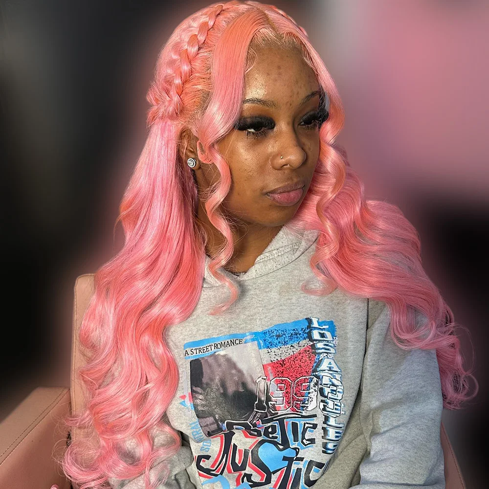 

Pink wig transparent Brazilian hair splicing full body wavy lace forehead wig human hair 13*6 transparent lace human hair