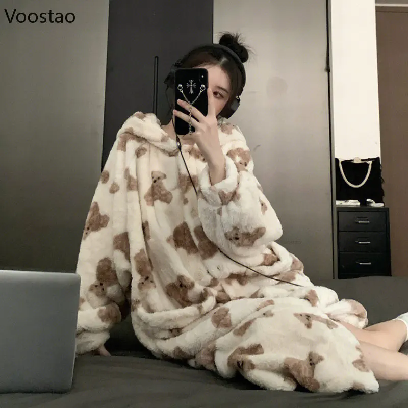Autumn Winter Plush Robes Women Sweet Cartoon Bear Print Coral