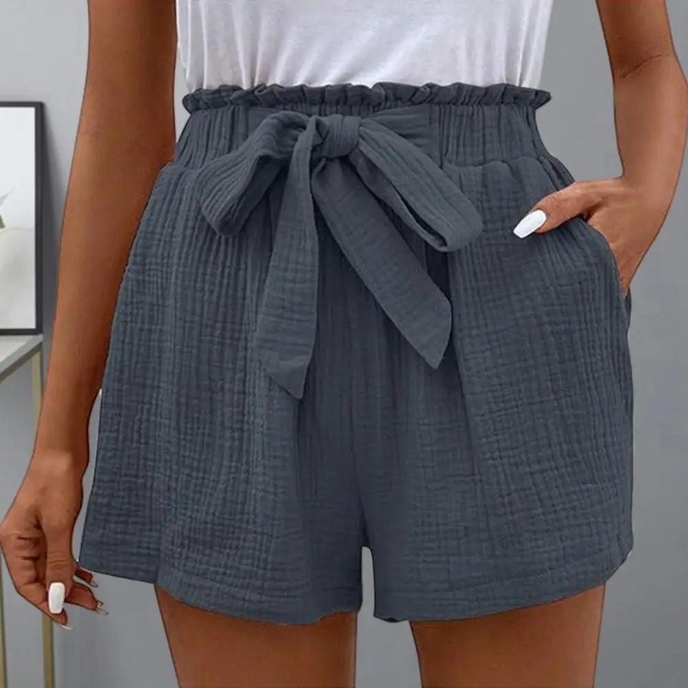 

Women Shorts With Pockets Elastic Waist A-line Pleated Women's Mini Shorts With Shirring Lace-up Strap Side Pockets Bow For Club