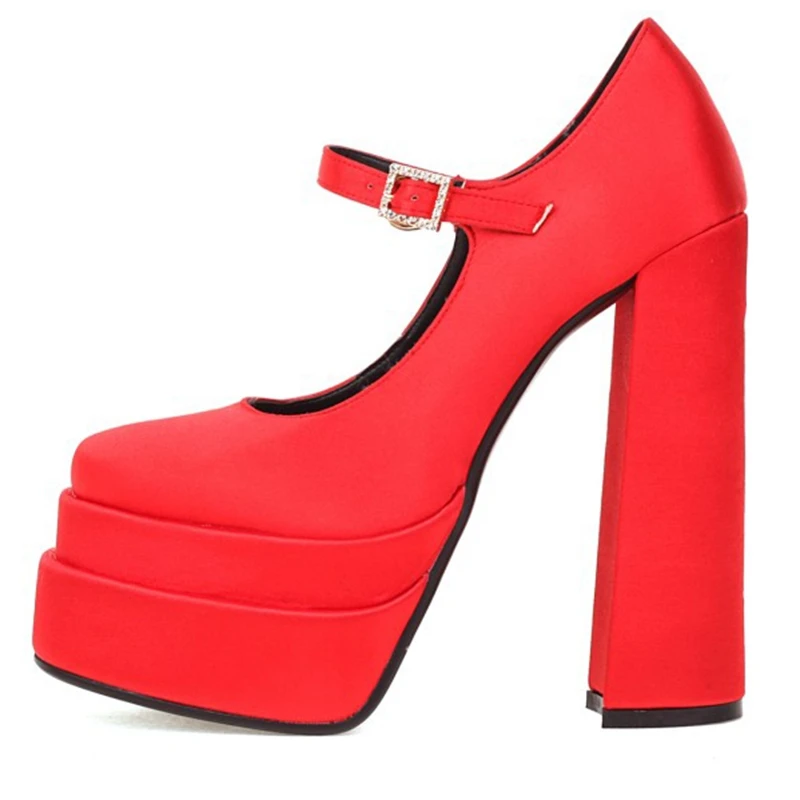 

ASILETO Ladies Platform Pumps Square Toe Thick Heels Satin Buckle Straps Sweet Big Size 33-43 Solid Blue Yellow Spring S3345