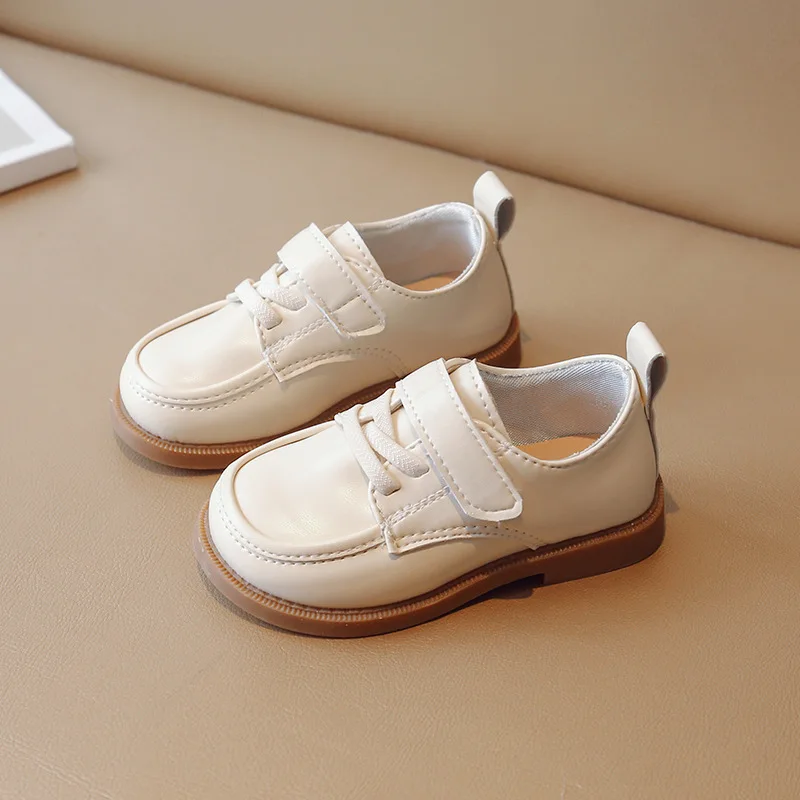 Black Leather Kids School Shoes Breathable Flat Hook Loop