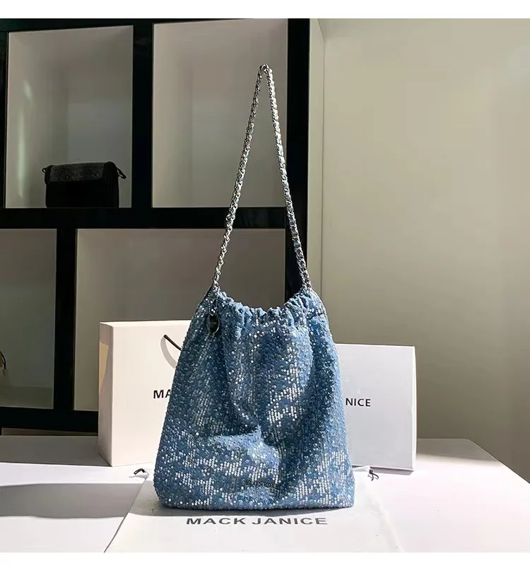 

High Quality Women Fashion Handbag Blue Denim Glitter Sequined Bucket Bag Shoulder Underarm Bag Lady Purse Female Casual Bag