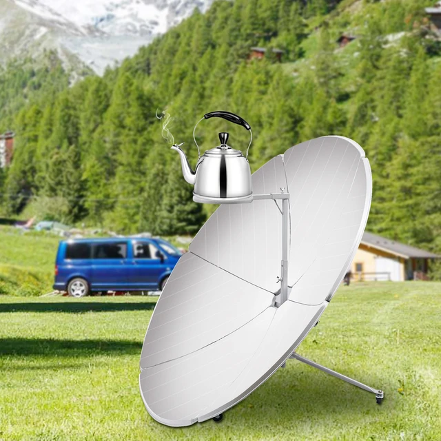Fornello solare, forni esterni, 1800 W, forno solare a concentrazione solare, diametro 1,5 m, temperatura punto focale parabolico: 700-1000 °C, con coperchio antipolvere e custodia a vite