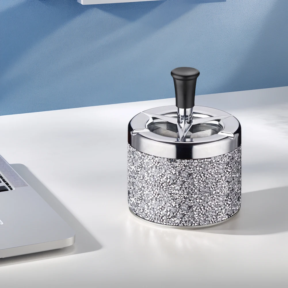 Push Down Ashtray with Lid Spinning Ashtray Windproof Self-Cleaning Ashtray Metal Desktop Ashtray for Cigarette Smoking