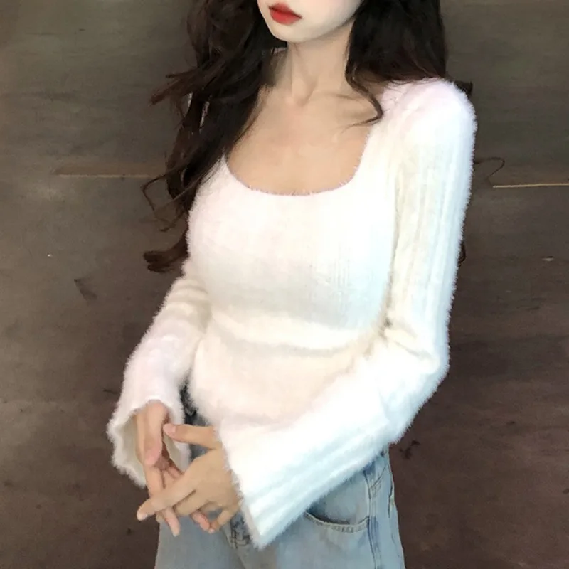 가을 겨울 뜨개질 자르기 탑 여성 스키니 스웨터 하단 셔츠 패션 여성 긴 소매 풀오버 캐주얼 니트 스웨터