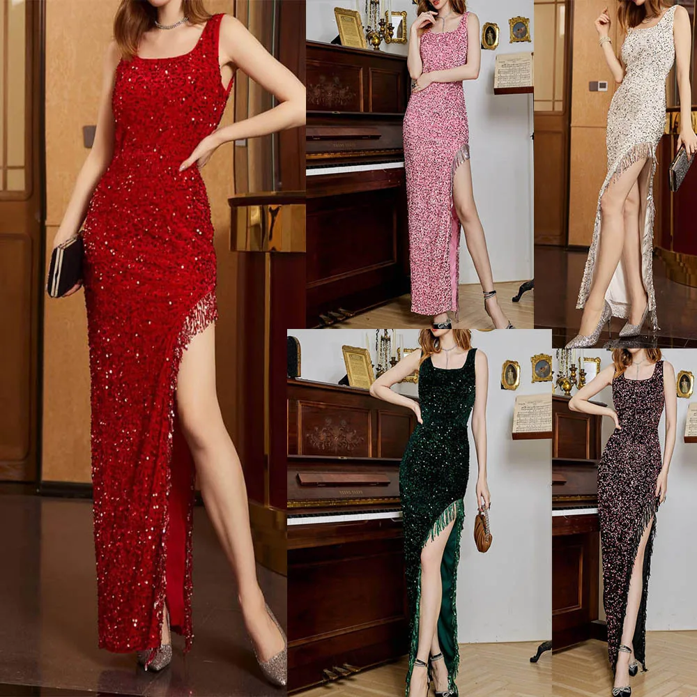 

2023 New Sequins Bodycon Dress Women's Elegant Party Dress Sexy Sequin Tassel Cocktail Mid Black NewYear Dress