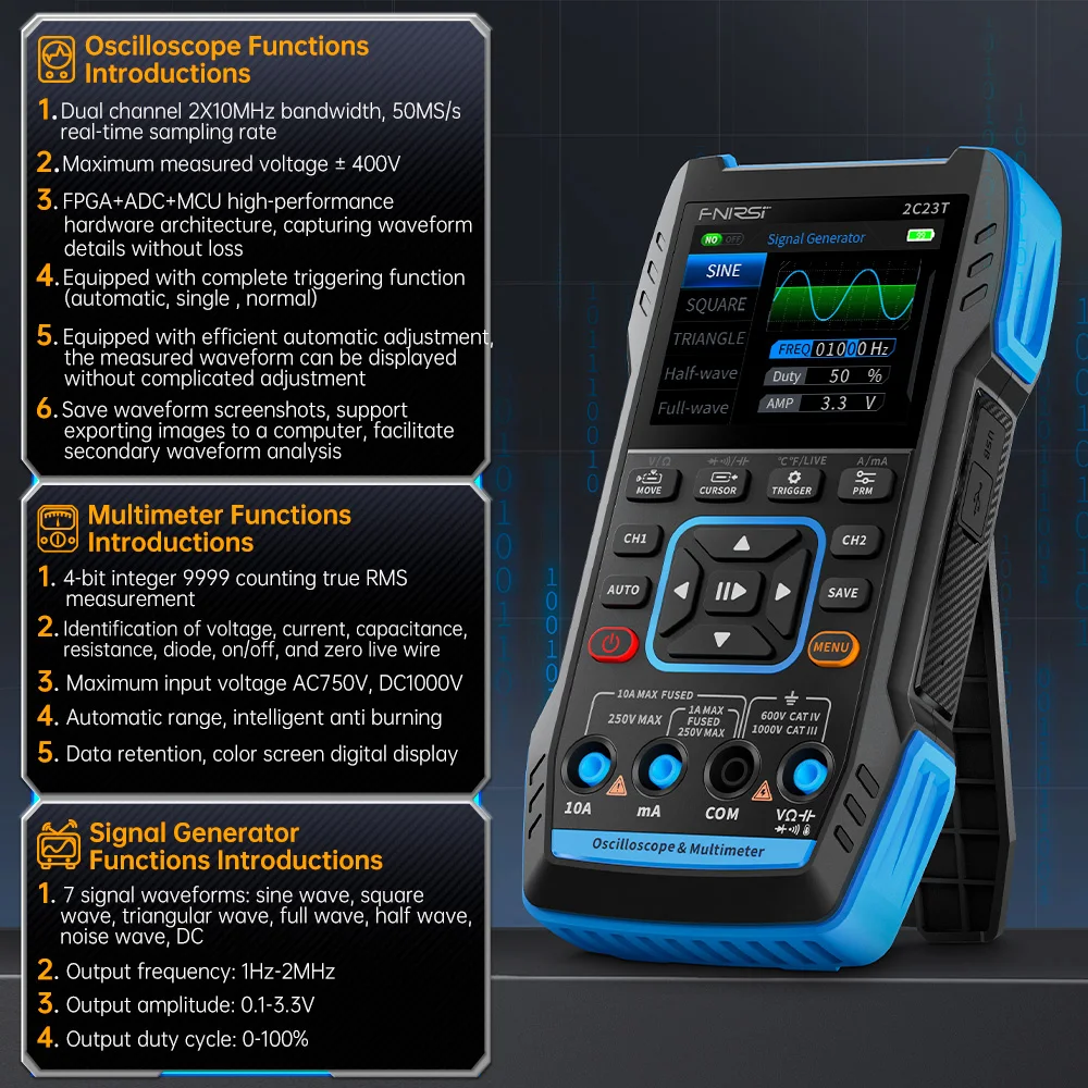 FNIRSI 2C23T Handheld Digital Oscilloscope Multimeter + Function Signal Generator 2023 Latest 3IN1 Dual Channel 10MHZ*2 50MS/s image 3