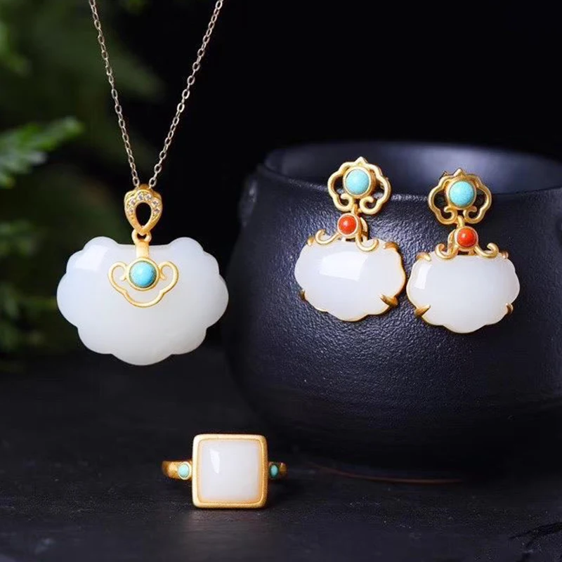 

Ancient gold craftsmanship natural Hetian white jade ladies set ring earrings necklace classic court style charm jewelry