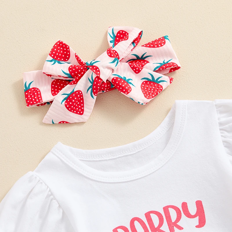 

Baby Girls Birthday Outfits Strawberry Print Short Sleeve Romper and Elastic Shorts Cute Headband 3 Piece Clothes
