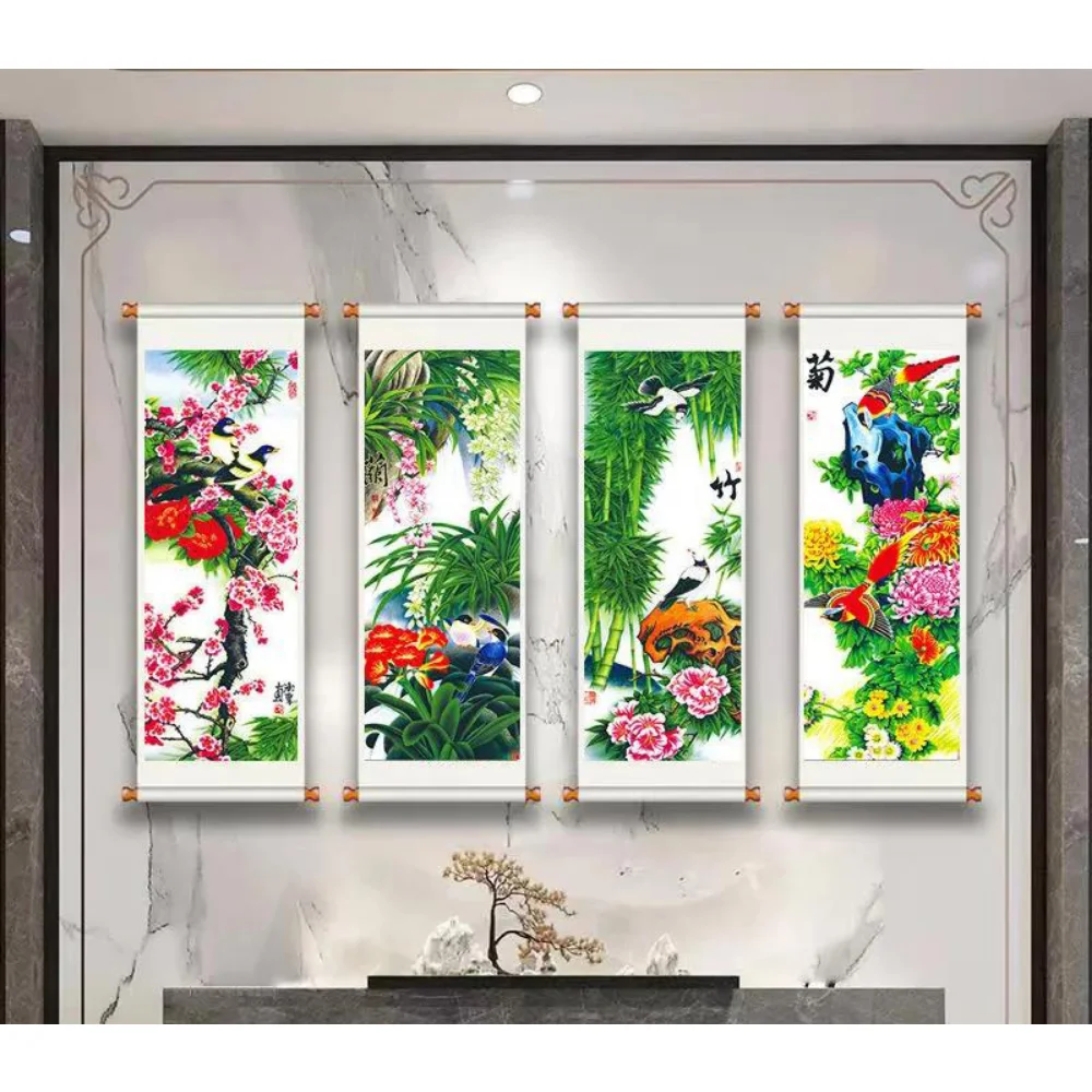 4pcs Chinese Plum Orchid Bamboo Chrysanthemum Wall Art Canvas Painting Posters Living Room Home Decor Scroll Hanging Painting