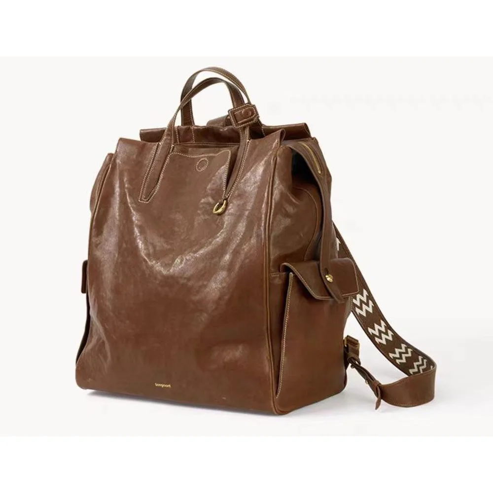 Unisex Leather Backpack Vegetable Tanned Leather Handbag_voghion.com