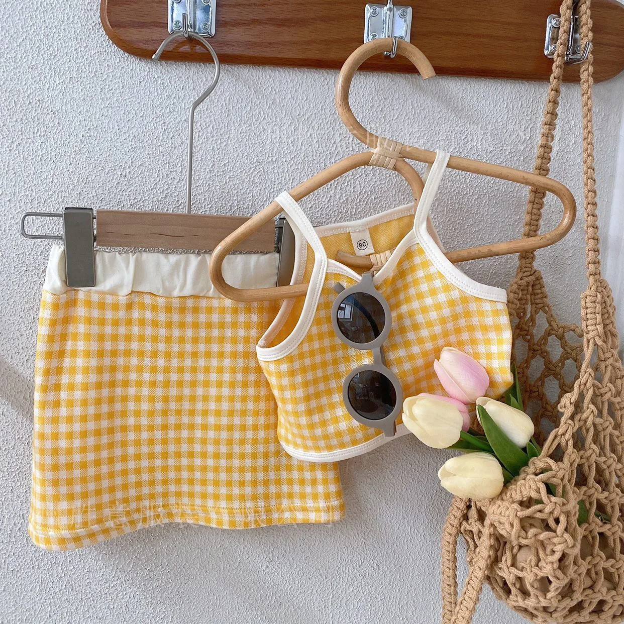 

Hot Style Summer Children Knitted Suit Kids Girls Casual 2 Pieces Sets Plaid Sling+ Skirt Baby Girls Clothes Children's Suits