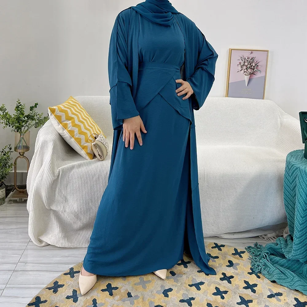 3 Piece Abaya Muslim Woman Hijab Dress Wrap Skirt Dubai Turkish Abayas Kimono Modest Islamic Clothing Sets Ensembles Musulmans