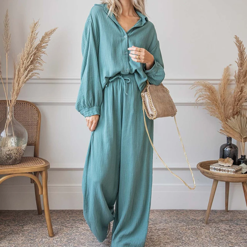 

Elegant Lace-up Long Sleeve Blouse And Wide Leg Pants Sets Casual Women Spring Beach Suit Female Loose Solid Two Piece Outfits