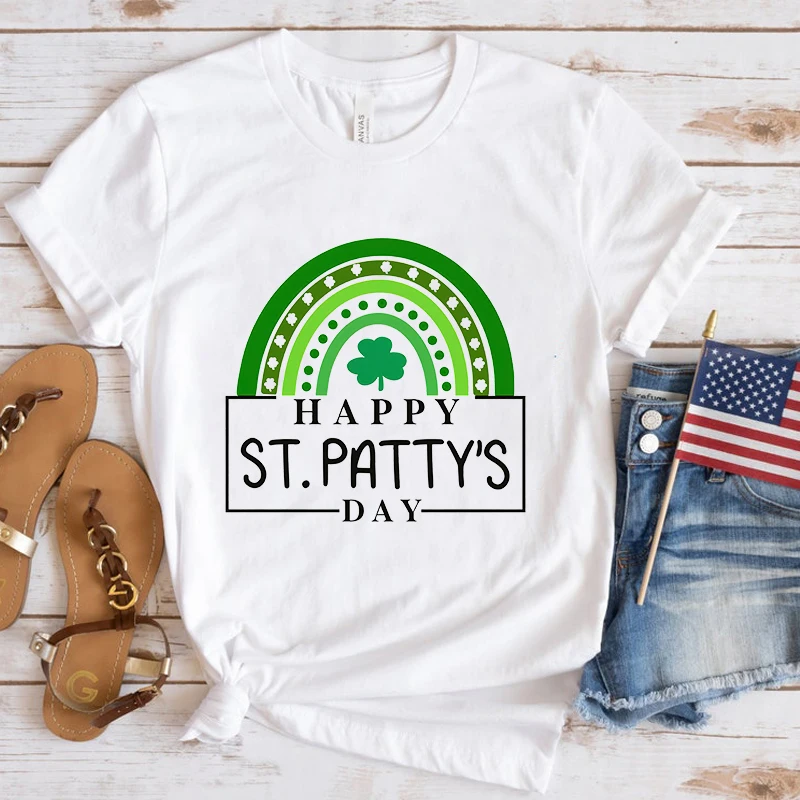 Happy St. Patrick'S Day Clover Rainbow Letter Printed T Shirts Women Men Casual Short Sleeve Summer Tops