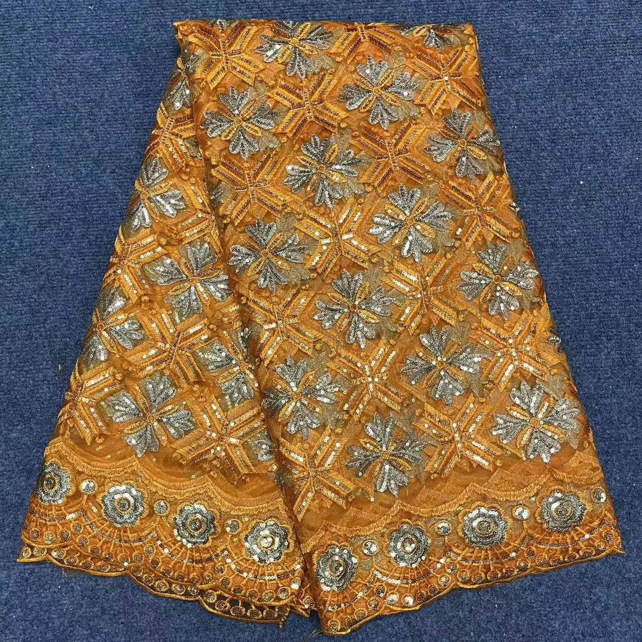 

African Tulle Lace Fabric 5 Yards Flower Gold Embroidery Sequins Net Lace Orange Color for Nigerian Party Wedding Dresses b32-24