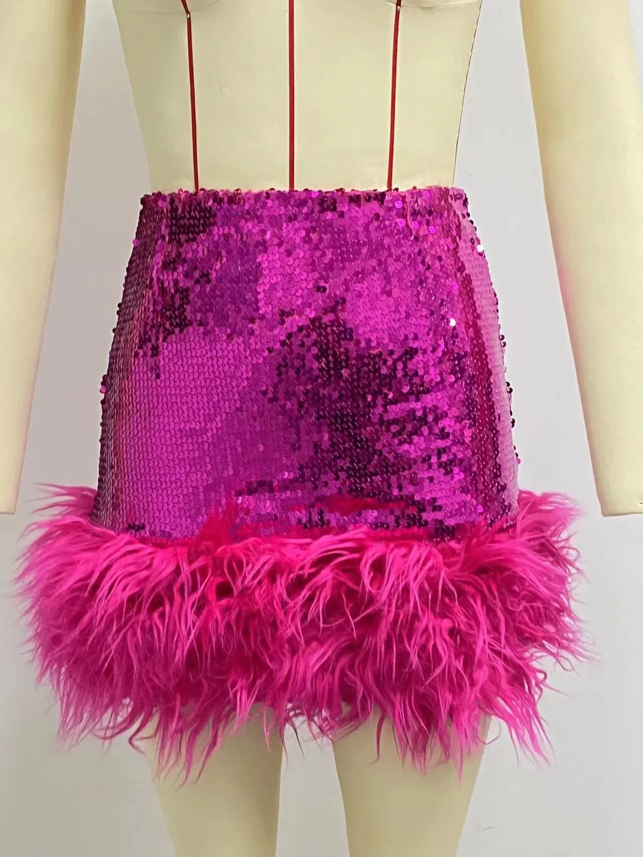 Sequin Skirt Hot Pink Feather Skirt Sexy Y2K Black Sequined Faux