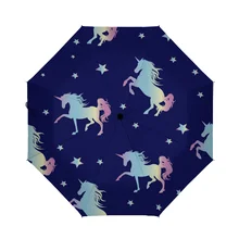 

Auto Open Close Umbrella Magic Unicorn With Stars Navy Blue Cartoon Cute Animal Automatic Compact Travel Sun Rain Golf Folding U