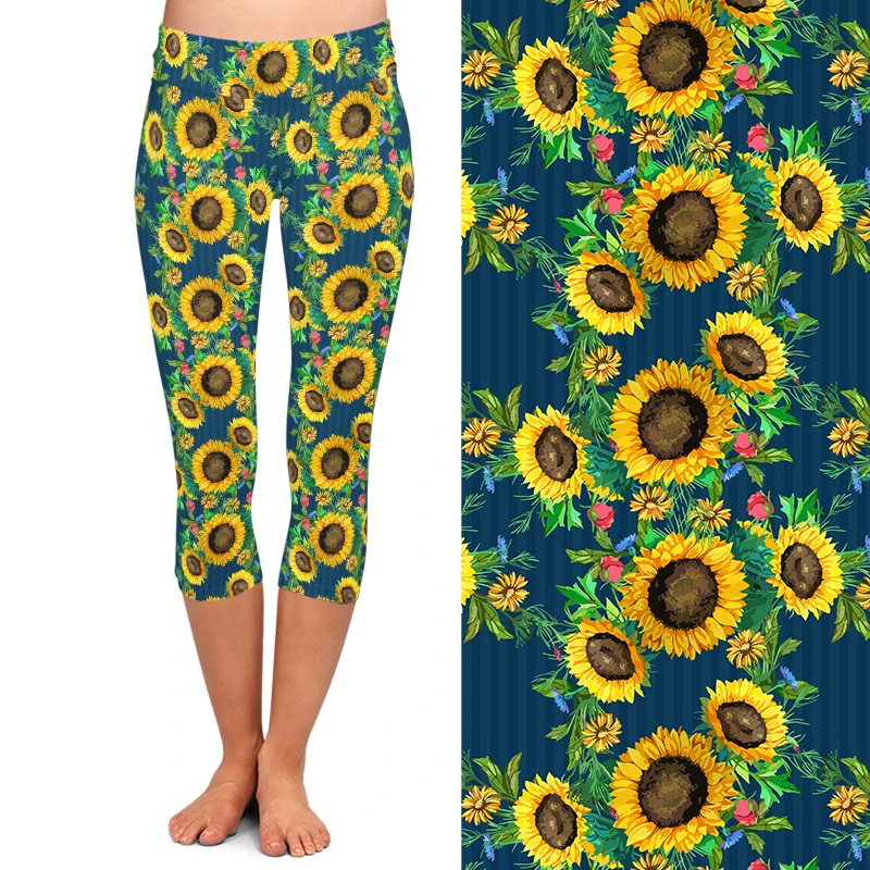 LETSFIND High Quaility 3D Sunflowers Printed Women Capri Leggings New Arrival High Waist Soft Fitness Pants