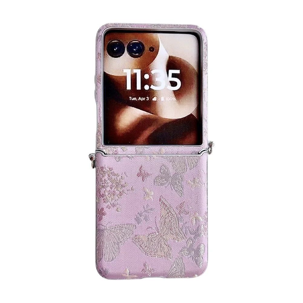 Elegant Embroidered Butterfly Phone Case with Silver-Edged Side Buckle