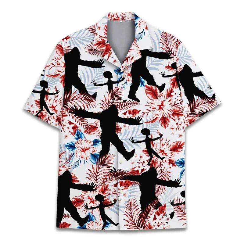 thumbnail image 1 of Camisa hawaiana con estampado 3D de mono y hojas florales para hombre, blusa gráfica de orangután, camisas hawaianas de manga corta para vacaciones de verano para la calle y la playa, 1 of 5