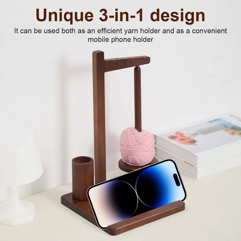 3-in-1 Wooden Yarn Holder with Phone Stand Magnetic Yarn Spinner Thread Spool Wool Ball Winder for Mom Grandma