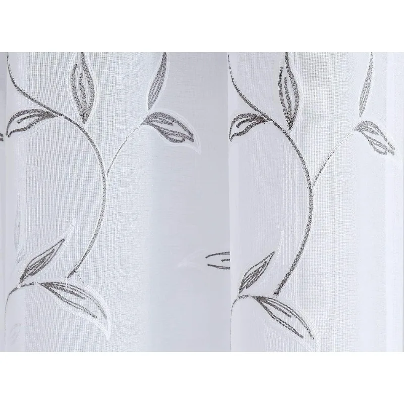 

Pair of 2 Sheer Faux-Linen Standard Size Curtain Panels with Beautiful Charcoal Color Stitched Leaf Embroidery