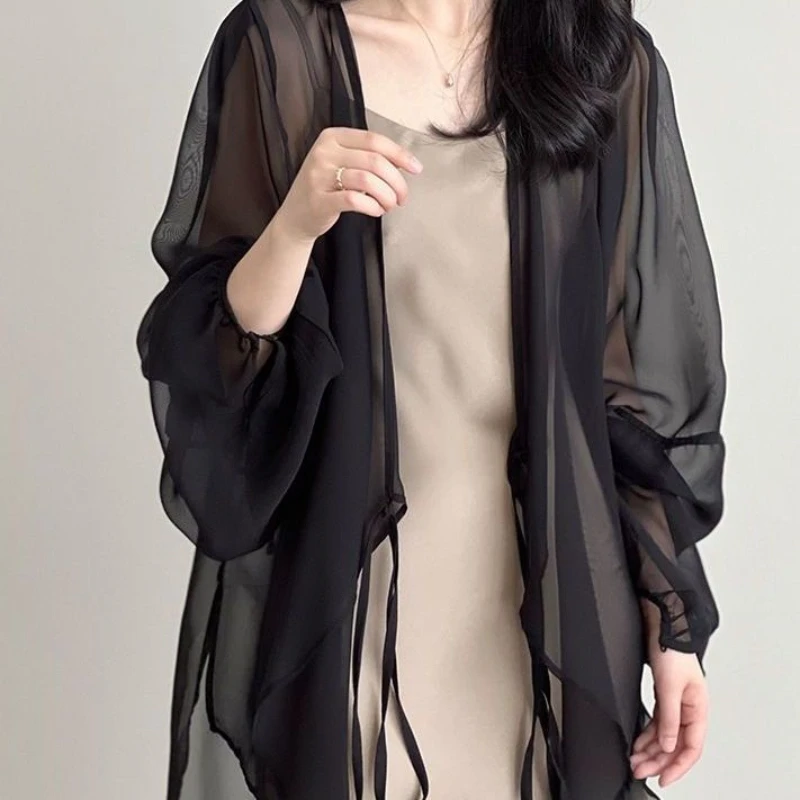 2024 New Summer Chinese Style Fashion Minimalist Thin Chiffon Mid Length Long Sleeved Cardigan Solid V-neck Women's Shirt Top