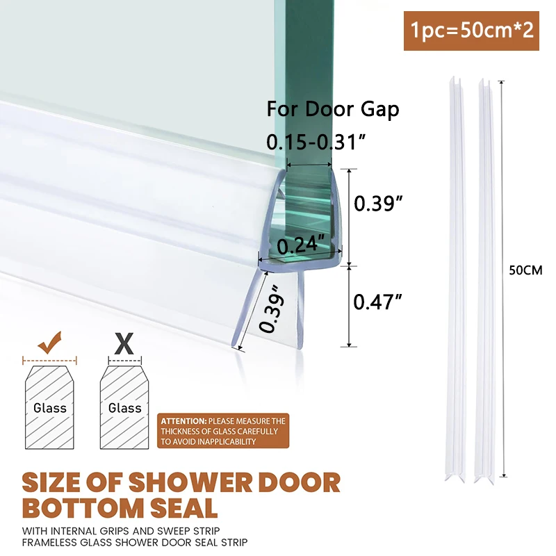 Frameless Glass Shower Door Bottom Seal - 2 Pack 50cm Strips