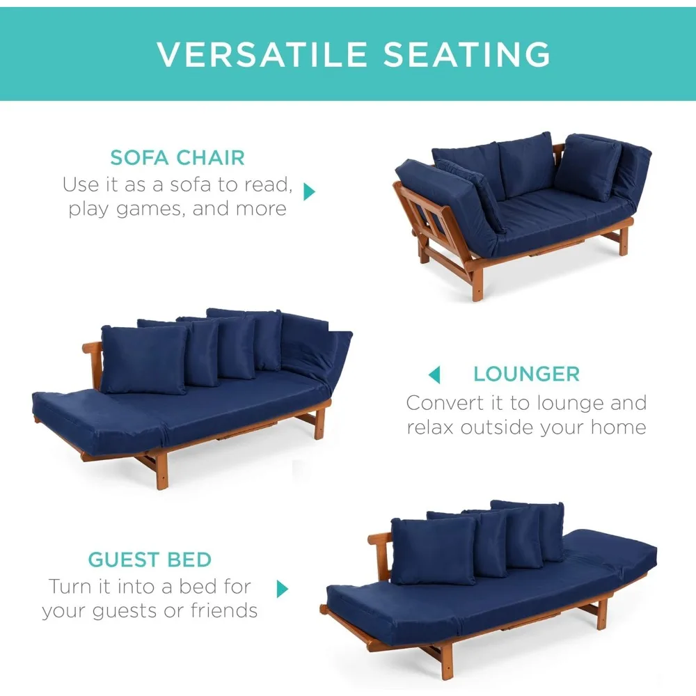 Outdoor Convertible Acacia Wood Futon Sofa Furniture for Patio, Balcony, Poolside, Backyard w/Pullout Tray,Removable Weather 3