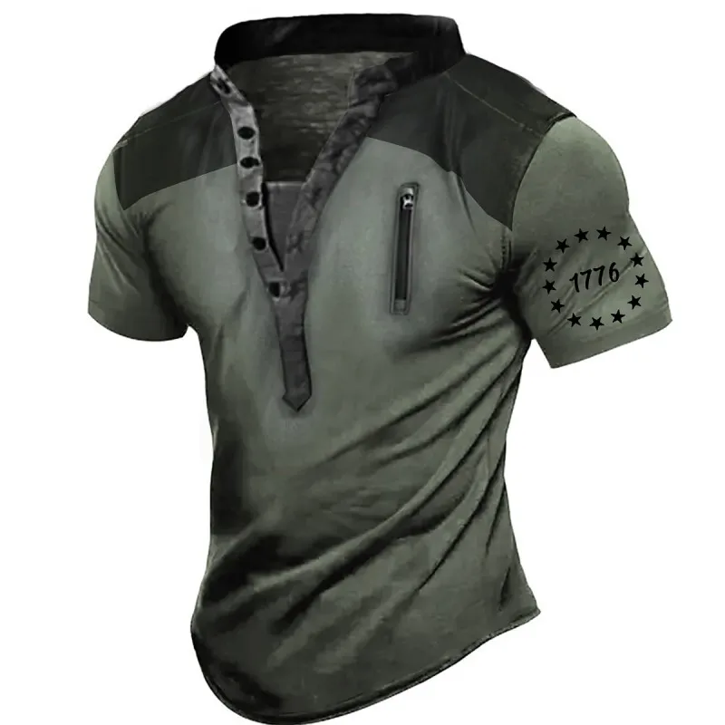 

New Men's Vintage T-Shirt Henry Shirt Standing Collar Short Sleeve Clothing 3D Casual Printing Outdoor Short Sleeve Fashion Top