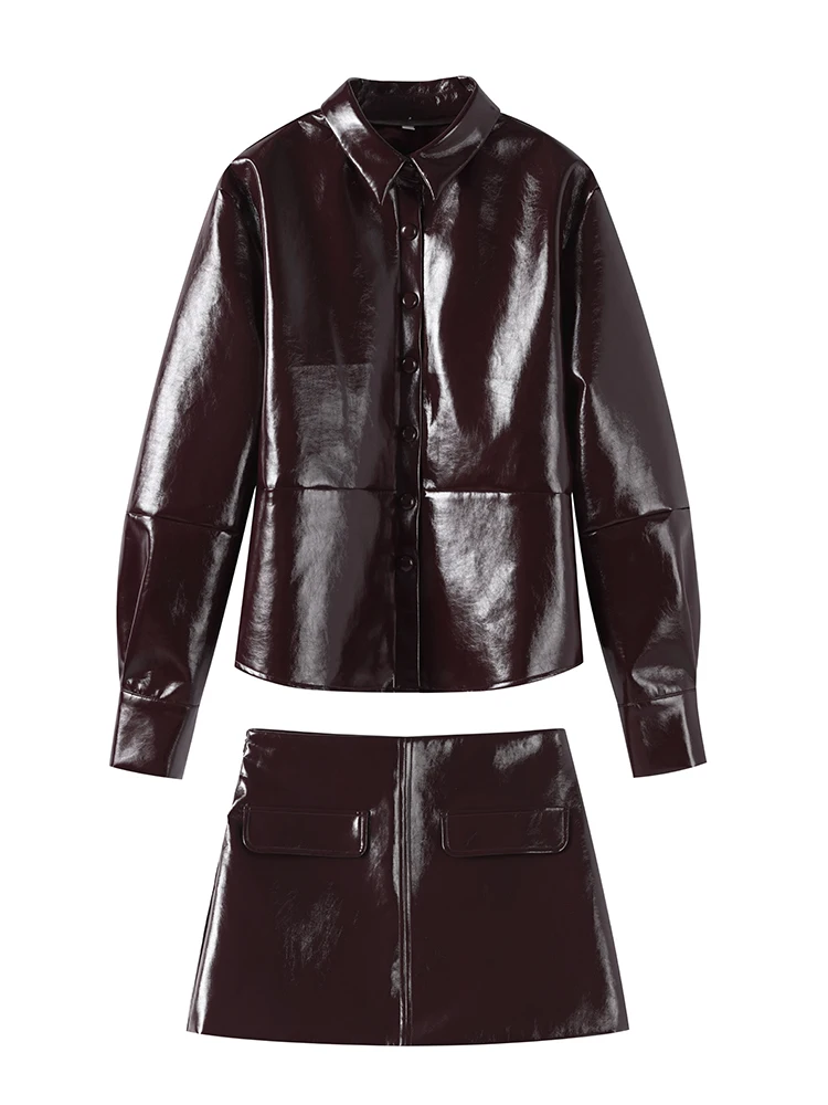 Casual Leather Jacket Skirt Set for Women 2 Pieces Lapel Single Breasted Top Mini Skirts Autumn Lady Y2k All-matching Outfits