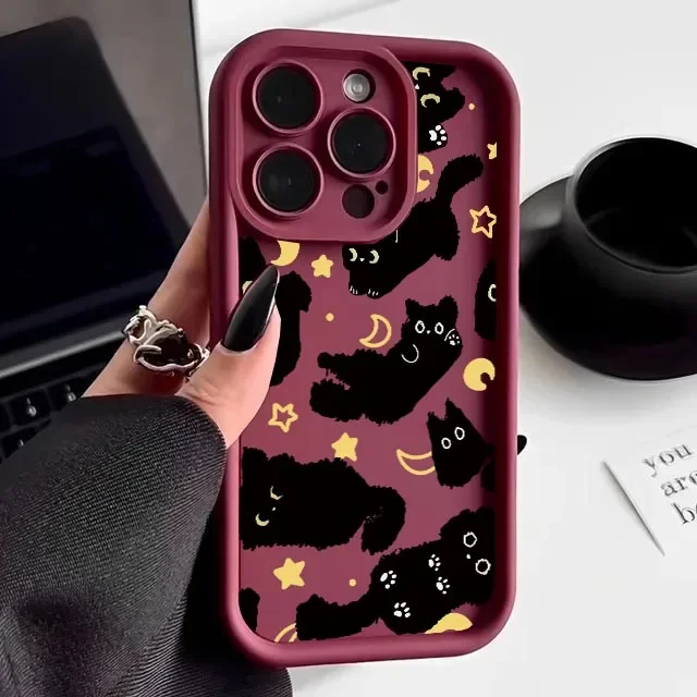 Adorable Moon and Stars Cat Silicone Phone Case - Korean Inspired Design