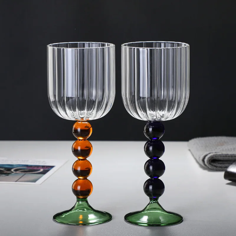 Vintage Goblet 360ml 12oz Creative Nordic Ripple Wine Glasses With Blue Amber Ball Pink Curved Stem Red Wine Glasses Cup 1 Piece, glass water cup