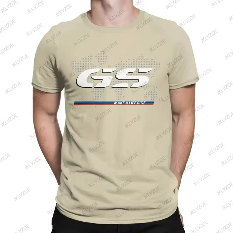 Man wearing BMW R1250GS cotton T-shirt with bold graphic in a hip hop streetwear setting beige