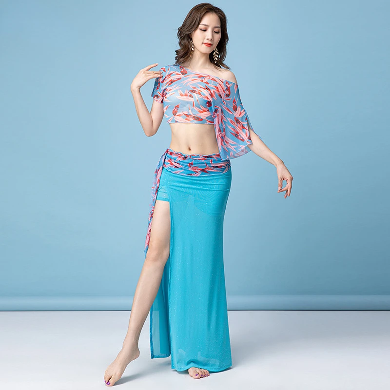Women Belly Dance Costume Suit Printing Mesh Top Split Skirt Practice Clothes Set Oriental Female Bellydance Elegant Performance