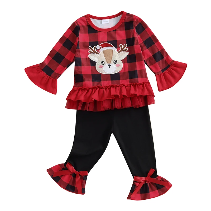 

Комплекты рождественских брюк для маленьких девочек, клетчатые Топы с длинным рукавом и вышивкой лося, расклешенные брюки, комплекты