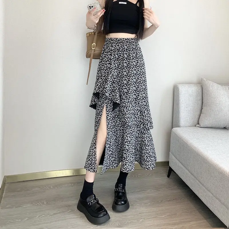 

Slit Ruffle Floral Skirt for Women Long Vintage 2023 Summer Korean Fashion High Waist Casual Harajuku Japanese Aesthetic