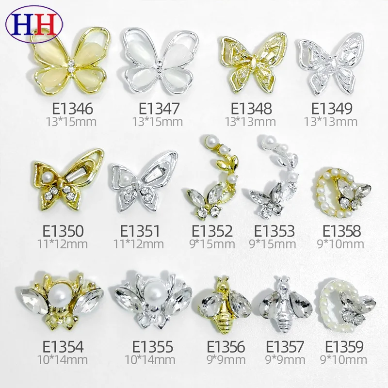 

10pcs 2023 New Alloy Butterfly Nail Charms Shiny Opal Butterfly Pearl Bee Nail Diamond Luxury Jewelry Decorations DIY Accessorie