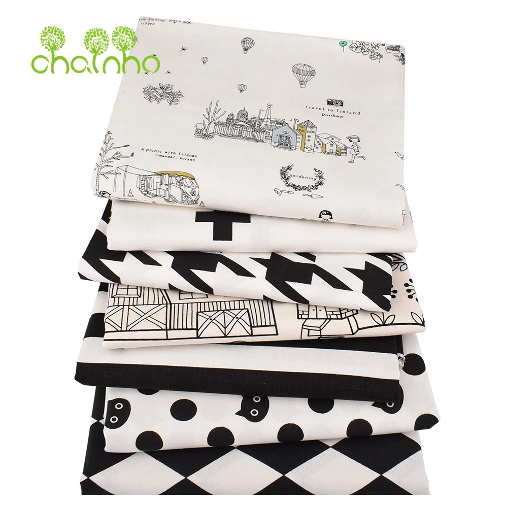 Chainho,Printed Cotton Linen Fabric,DIY Quilting Sewing Material,Patchwork Cloth,Black & White Series,2 Sizes,15CLA6