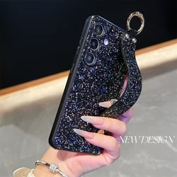 Glitter Diamonds Wrist Strap Case with Bling Ring Holder and Silicone Cover - Galaxy S23 (Black)