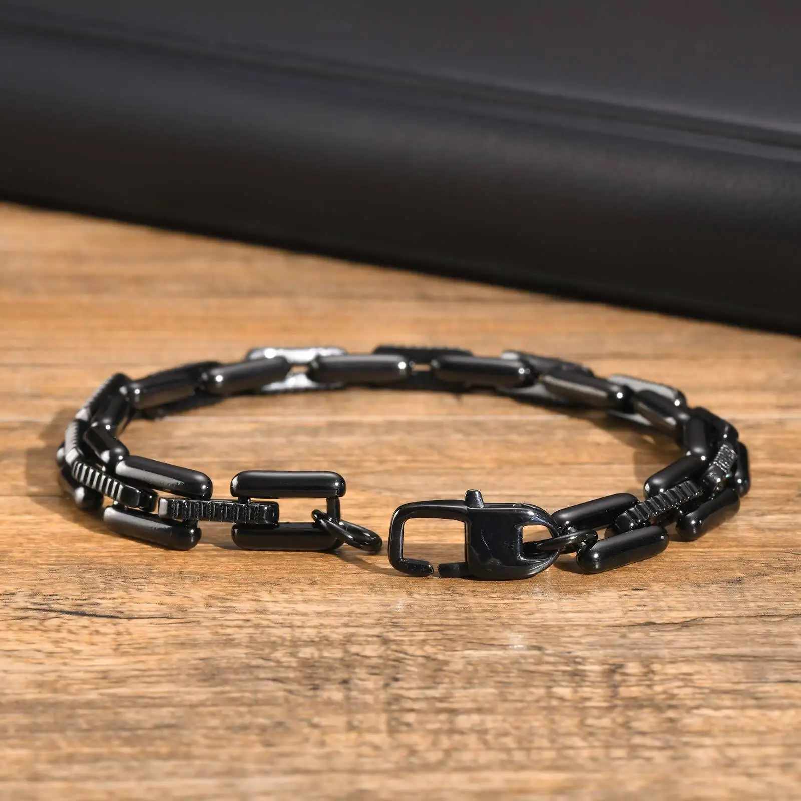 Black Stainless Steel Bracelets for Men Boys,Handmade Rectangle Chain Link Wristband,Stylish Jewelry Gifs for Him