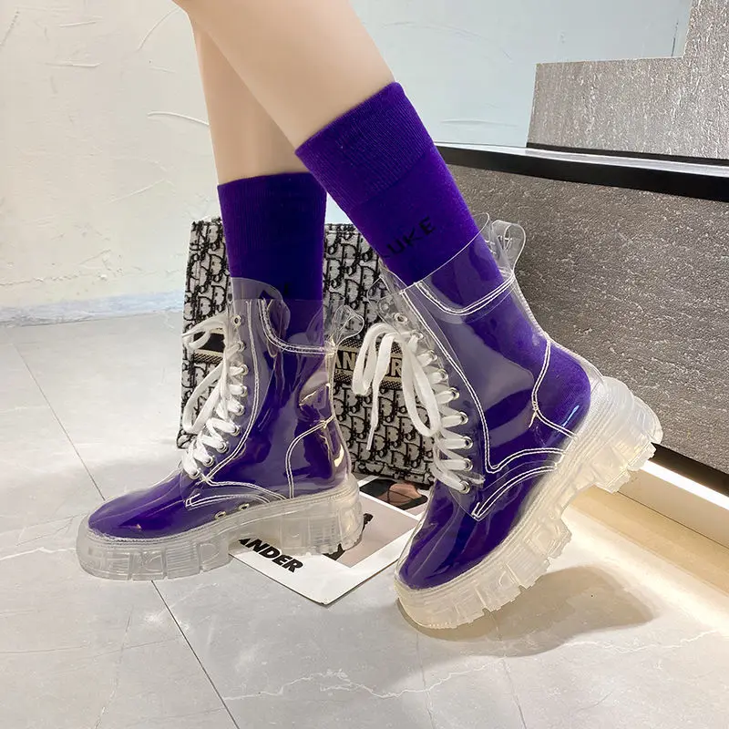 2021 Cool Fashion Women Transparent Platform Boots Waterproof Ankle Boots Feminine Clear Heel Short Boots Sexy Female Rain Shoes 