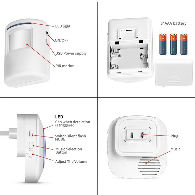 Motion Sensor Alarm Wireless Driveway Alert Home Security System Human Body Induction Smart Doorbell Sensor and Receiver Chime 6