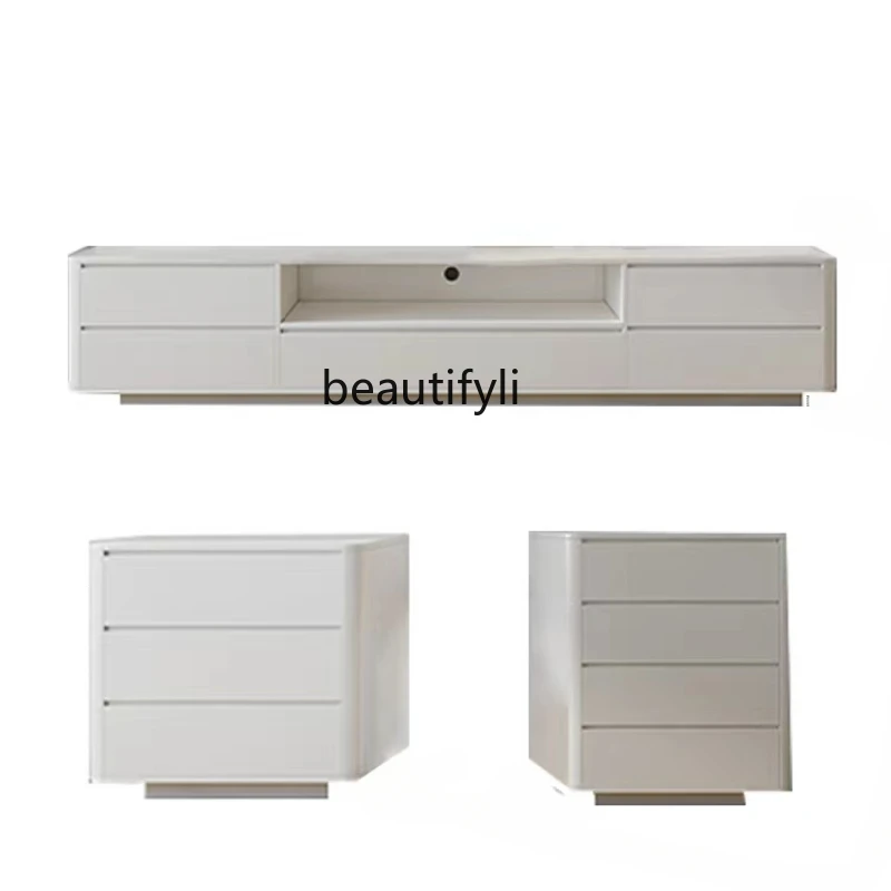 

French Cream TV Cabinet Solid Wood Modern Light Luxury Simple Living Room White Tea Table Combination Suspension TV Cabinet