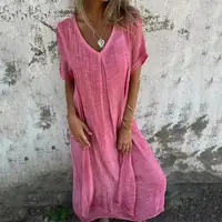 2024 Bohemian Style Cotton Linen Loose Dress Women's V-neck Dress Vintage Straight Beach Dress Soft Breathable Long Dresses